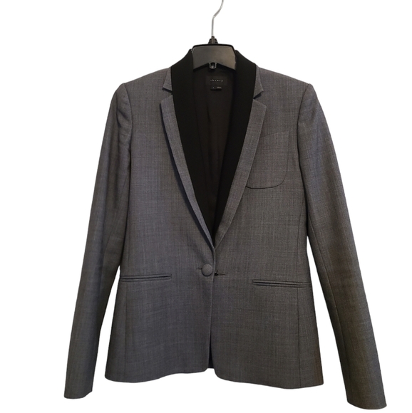 Theory Modern Donelly Wool Contrasy Lapel Trim Gray Blazer Jacket 2 Preowned - Picture 6 of 9